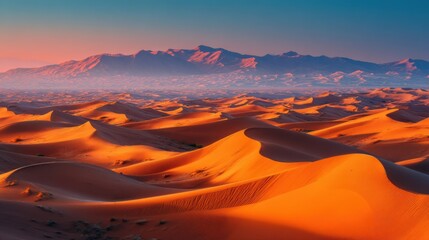 Naklejka premium Golden sand dunes stretch across the horizon under a vibrant sky at sunset. Distant mountains provide a stunning backdrop to this serene desert landscape