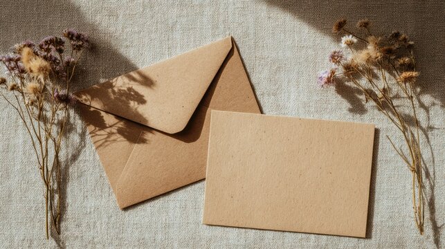 A brown envelope sits next to a blank note card, both on a textured linen surface. Dried flowers add a delicate touch, creating a warm and inviting atmosphere