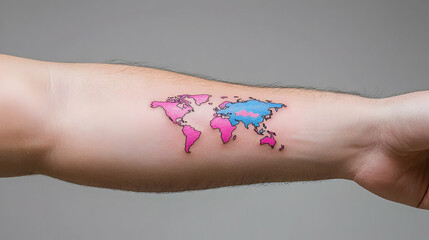 Close Up Of A Person's Arm With A Pink And Blue World Map Tattoo