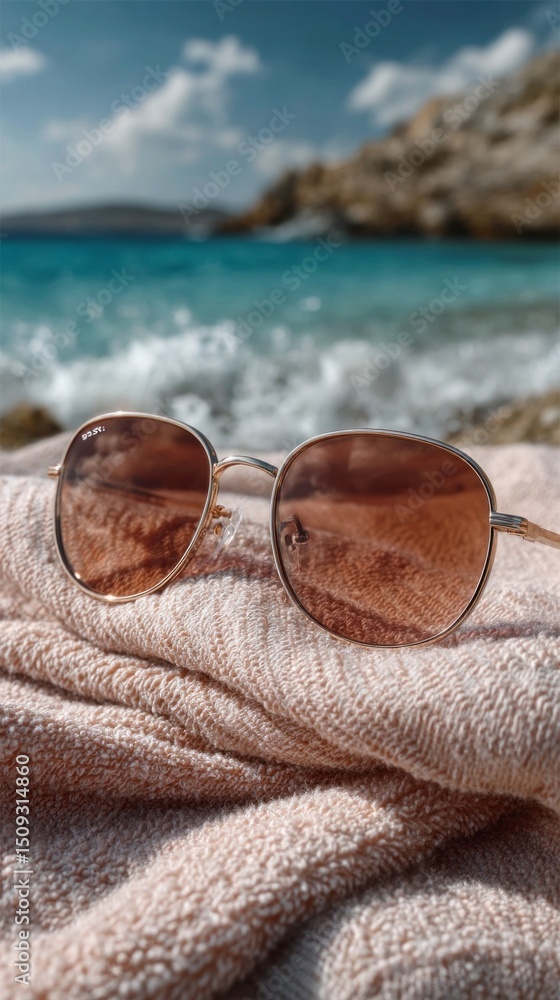 Poster sunglasses are placed on a plush towel by the beach, catching the sunlight. gentle waves lap at the 