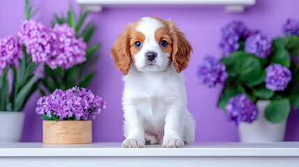 Adorable White and Brown Puppy Among Purple Hydrangeas