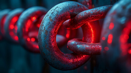 Closeup of a rusty metal chain glowing red, illustrating concepts of connection, strength, and...