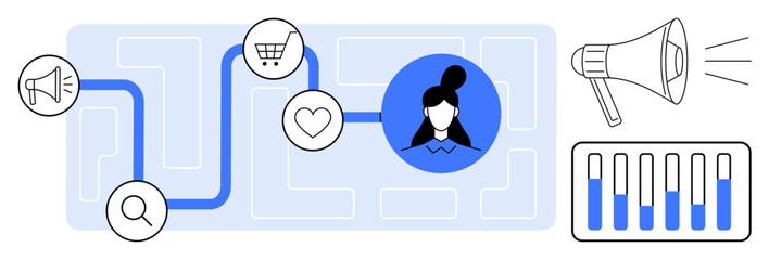 Linear path connecting search, shopping cart, and heart icons to customer profile with symbolic journey. Ideal for marketing, analytics, customer targeting, brand loyalty, user journey, business