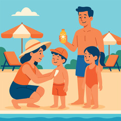 Vector illustration of a happy family on the beach. A mother is applying sunscreen to her son, while the father holds a sunscreen bottle and the daughter stands nearby.