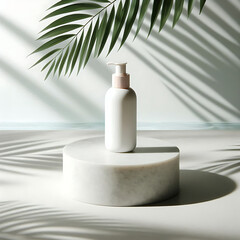 Skincare Product Mockup on Pedestal with Palm Leaves and Water Reflection