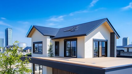 Modern architectural exterior featuring a contemporary two-story house with a sleek design and a flat rooftop terrace against a clear blue sky.