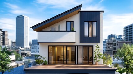 Fototapeta premium Modern house design with sliding glass doors and a wooden deck with a balcony and cityscape background architectural visualization