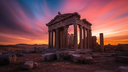 Ancient temple ruins at sunset with colorful sky and rocky terrain - Powered by Adobe
