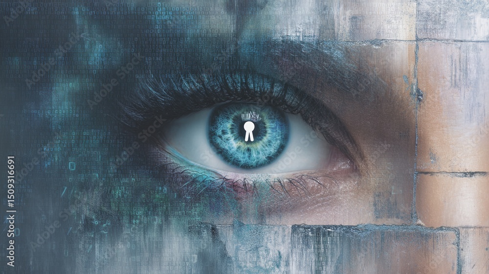 Wall mural a close-up of an eye with digital code and keyhole symbols in the iris, set against a backdrop of pi