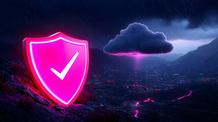 Pink Neon Shield and Stormy Cloud Night Cityscape