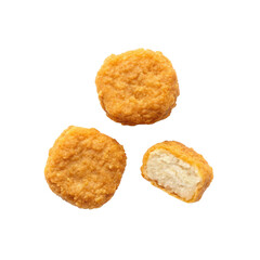 Three crispy, golden brown lab grown chicken nuggets are presented on a transparent background, with one nugget cut in half to reveal its tender, cooked interior