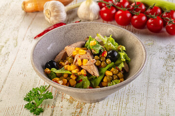 Dietary salad with canned tuna and corn