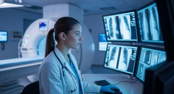 Medical professional analyzing x-ray results in high-tech hospital environment for diagnostic accuracy