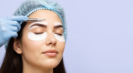 Professional beautician performing eyebrow procedure with tweezers on woman face in beauty salon. Specialist with eye patches applying precise brow shaping treatment. Beauty enhancement. Beauty