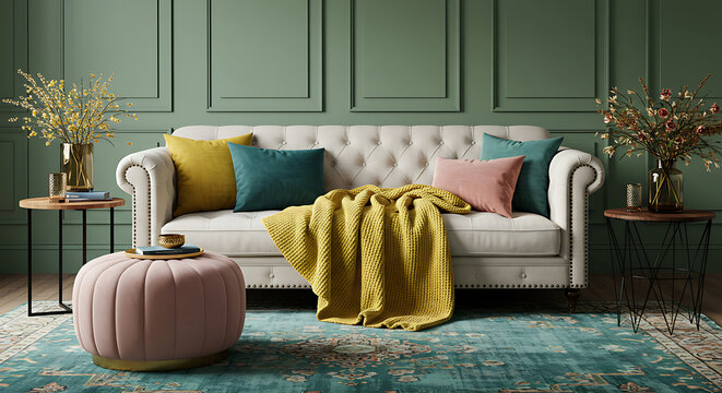 Living Room Interior Elegant Modern Classic Style White Tufted Sofa Colorful Cushions Green Wall Home Decor 3D Render