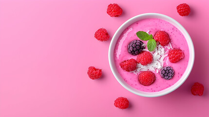 Pink Raspberry Smoothie Bowl with Coconut and Mint
