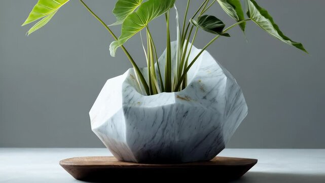 Elegant houseplant with broad green leaves potted in a geometric marble container on a simple wood platform against a grey background.