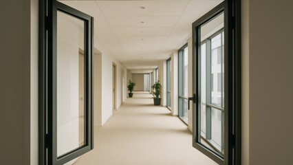Modern corridor with large windows and greenery in a bright indoor space