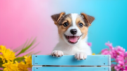 Happy Puppy in Blue Box with Flowers