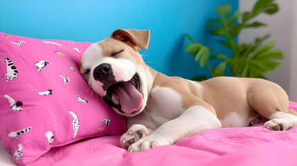 Adorable Tan and White Puppy Yawning on a Pink Pillow