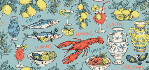 Italian doodle food. Summer sea food. Lemon Italian Amalfi beach sketch