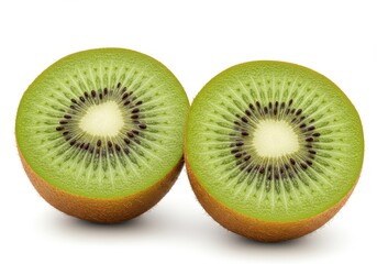 Fototapeta premium Two halves of a kiwi fruit isolated on white background, showcasing its vibrant green flesh