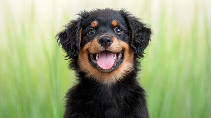 Happy Black and Brown Fluffy Puppy Portrait Against Green Grass Background