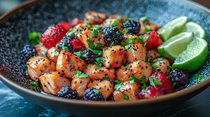 Delicious combination of grilled salmon and fresh fruits served in a decorative bowl during a summer meal at a vibrant outdoor gathering
