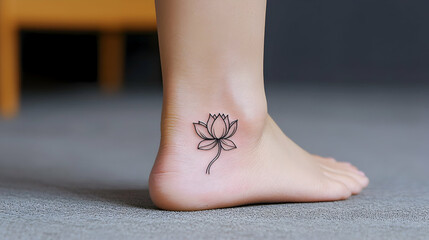 Closeup of a Small Black Lotus Flower Tattoo on a Woman's Ankle