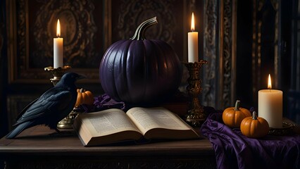 Gothic-themed Halloween still life with a dark purple pumpkin, ravens, and old spellbooks, softly illuminated by lanterns in an ornate baroque interior.
