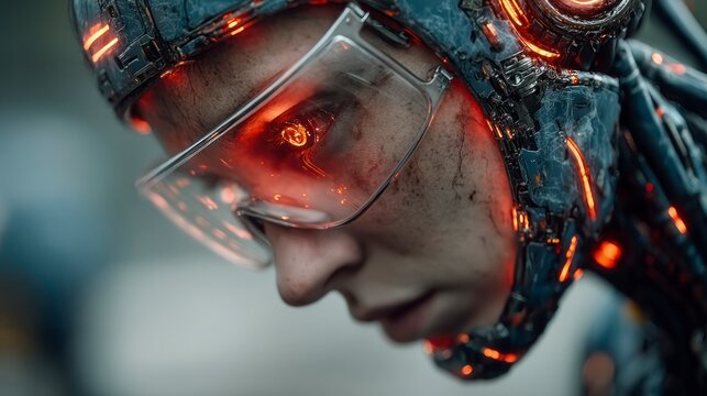 Cybernetic Enhancement Futuristic Human with Glowing Red Lights and Advanced Technology Interf