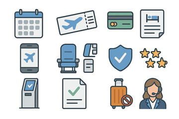 Travel icons set: booking, tickets, luggage, customer support, security