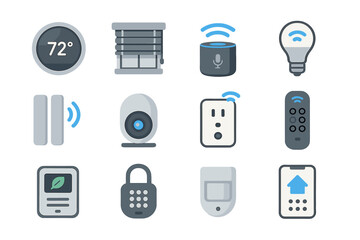 Smart home technology icons: thermostat, lights, camera, security, automation