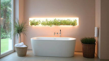 Modern Minimalist Bathroom with White Freestanding Bathtub and Illuminated Plant Wall