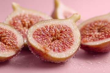 Macro of Halved Ripe Figs on Blush Pink with Dew and Dreamy Minimal Styling