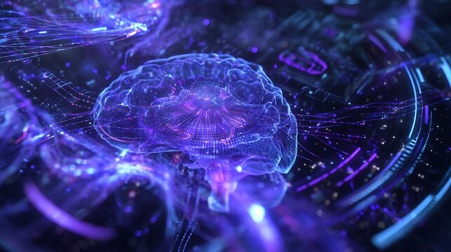 Futuristic AI interface with glowing neural network visualization, blue and purple holographic data, abstract circuits, futuristic HUD overlay, digital brain core, modern tech background, cinematic  - Powered by Adobe