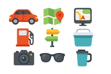 Colorful travel icons including car, map, camera, and coffee cup