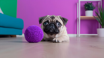 Adorable Pug Puppy Playing with Purple Ball in Modern Interior