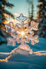 Stunning snowflake glistens in sunlight on a serene winter day in a snow-covered forest