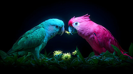 Teal and Pink Parrots in Pixel Art Style