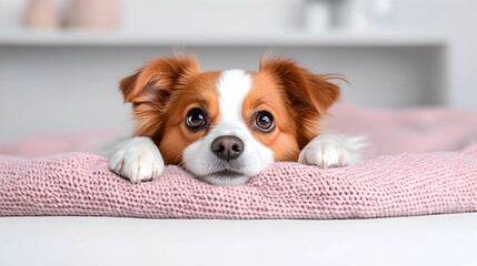 Adorable Brown and White Puppy Resting on a Pink Blanket