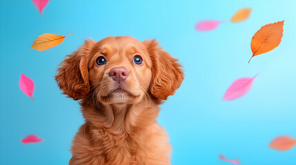 Adorable Brown Puppy with Falling Autumn Leaves on Blue Background