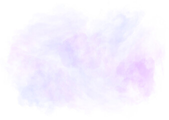 Vibrant purple watercolor stain with smoky, misty effects. Soft, pale brushstroke spot on transparent background, artistic wallpaper element. Abstract fluffy clouds, fog, smoke.