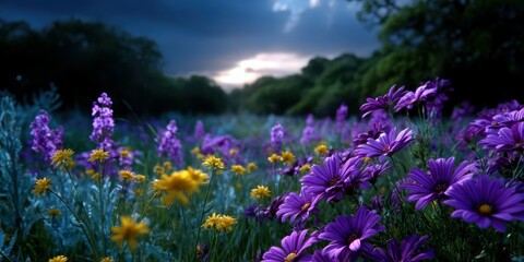 Vibrant wildflowers bloom under a moody sky at dusk in a serene natural landscape