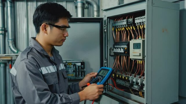 Young Male Electrician or Technician Using a Multimeter to Check an Electrical Panel
