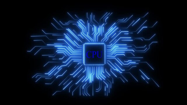 Innovative ideas, progress and research for global network. Isolated illuminated neon lines on transparent background. Concept animation of CPU microprocessor on motherboard,
