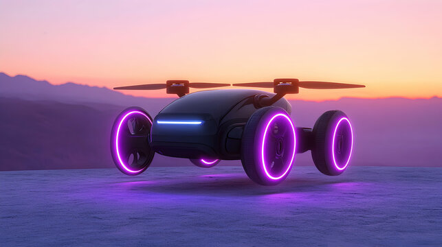 Futuristic Black Drone Car with Purple Neon Lights at Sunset in a Desert Landscape