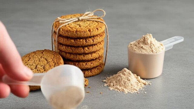 A hand holds a scoop of protein powder near a stack of cookies and a container of protein powder mix