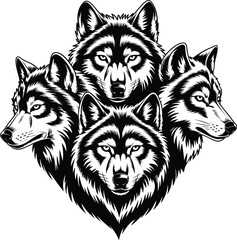 Three-headed wolf silhouette, wolf vector suitable for t-shirt design, metal album rock cover, wall mate, tattoo, sticker isolated on white background.
