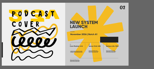 Podcast cover design with expressive hand-drawn lines and abstract yellow shapes, balanced with a clean launch panel for product announcement.